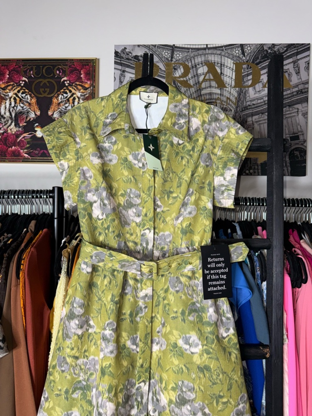 Tuckernuck Chloe Muted Meadows Green Gardens Midi Dress Belted Floral Large New - Picture 4 of 14